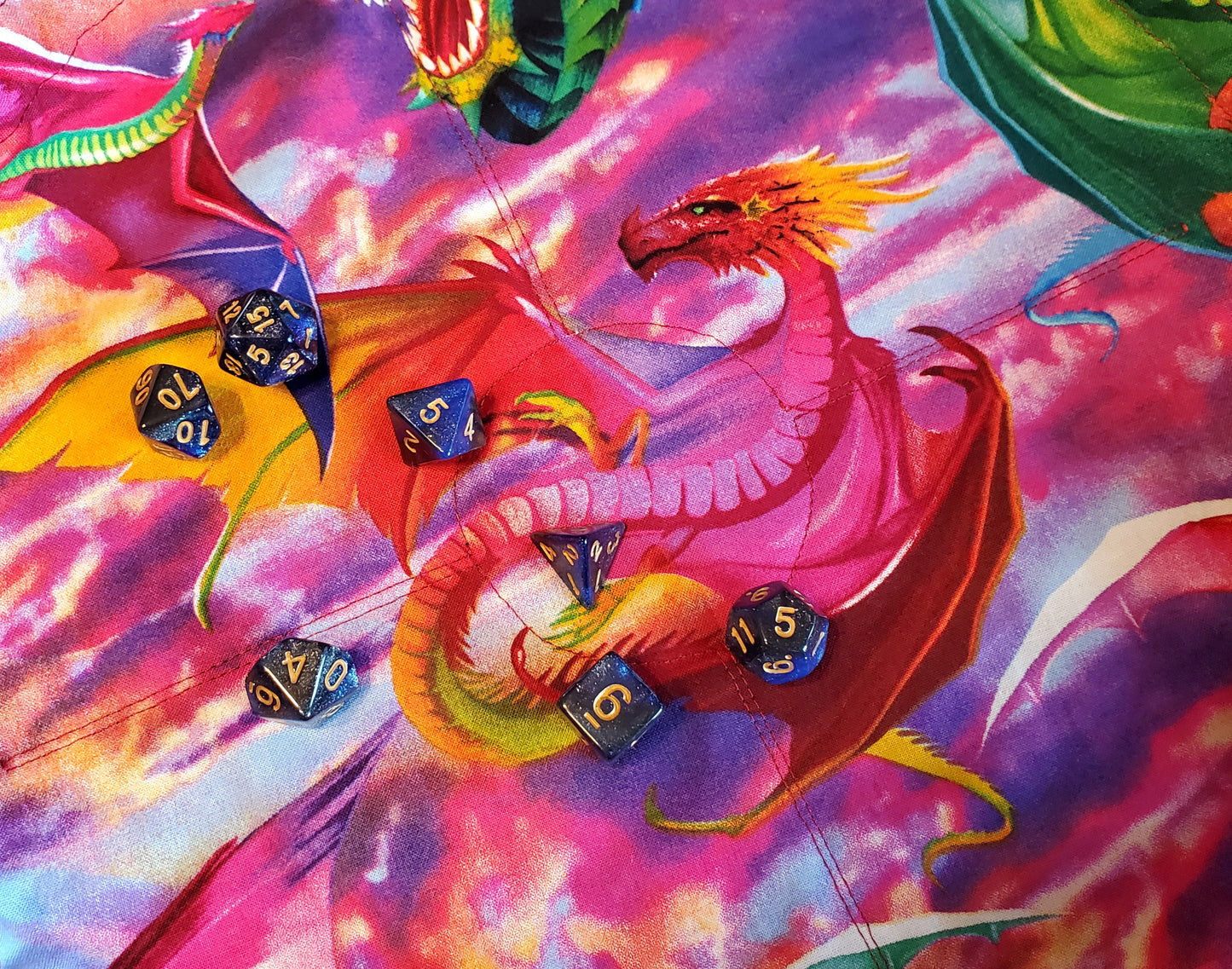 Handmade Watercolor Dragon Dice Bag / Portable Tray in one! 7 pc dice set INCLUDED!