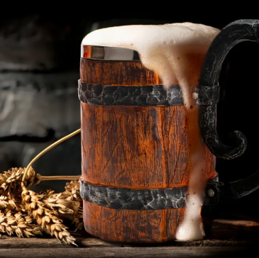Rustic Medieval Drinking Stein - twisted wrought iron and oak barrel planks hide insulated walls!
