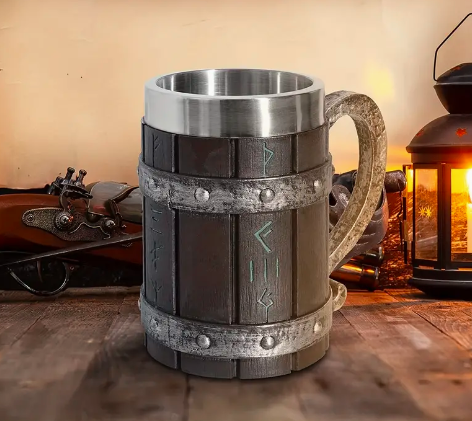 Viking Drinking Stein - wood planks, wrought iron, and runes for the Nordic seafarer