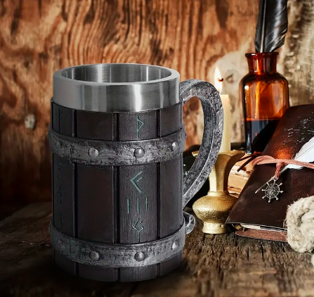 Viking Drinking Stein - wood planks, wrought iron, and runes for the Nordic seafarer