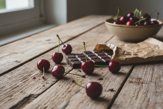 loose cherries and chocolate bar on a rustic table