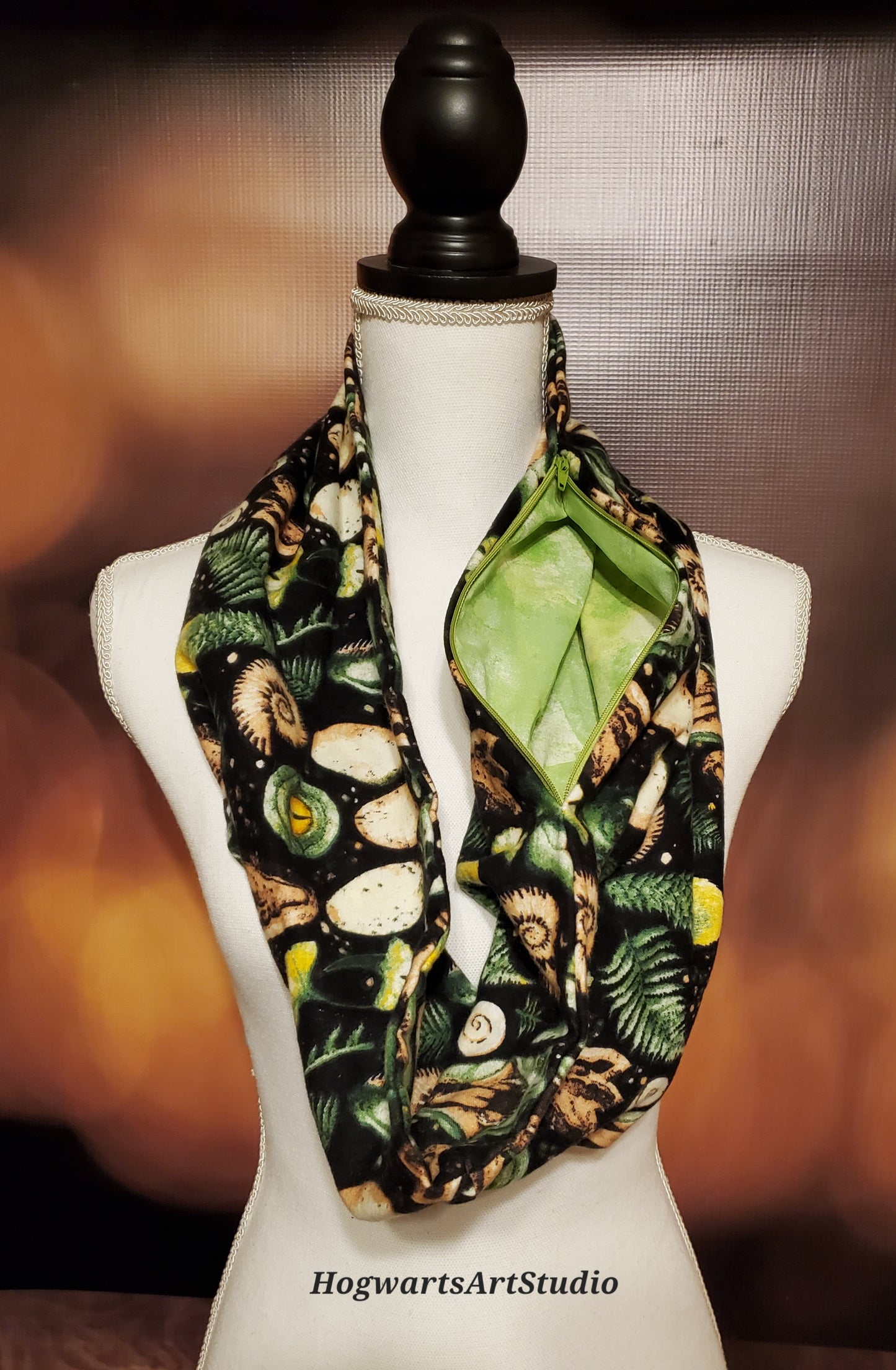 dinosaur themed scarf with hidden zipper pocket