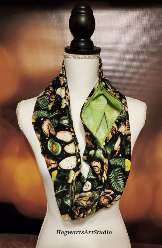 dinosaur themed scarf with hidden zipper pocket