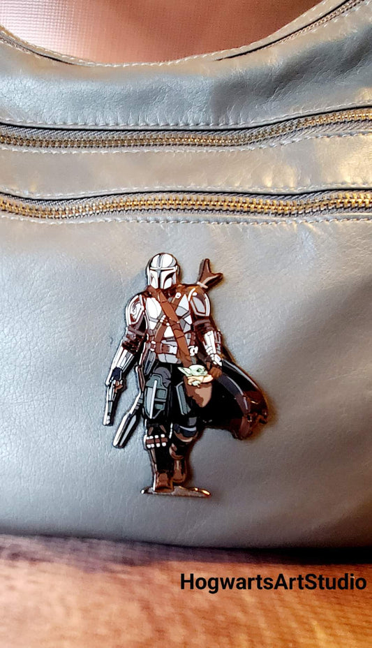Gray Mandalorian & Baby Grogu Purse - lots of roomy pockets for all your essentials!