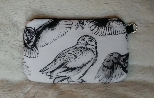 HP Themed Zipper Bag- White Barn Owl with black glitter vinyl applique