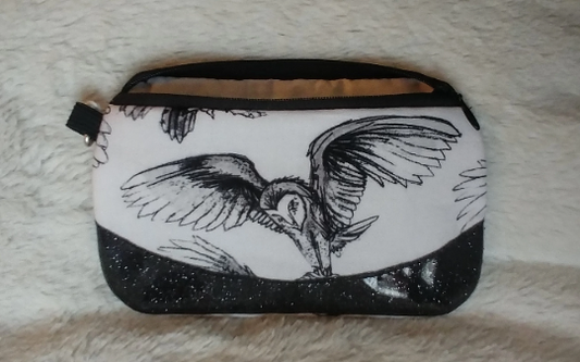 HP Themed Zipper Bag- White Barn Owl with black glitter vinyl applique