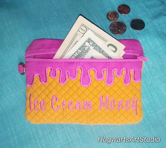 Ice Cream Waffle Cone Zipper Bag - Embroidered & Fully Lined