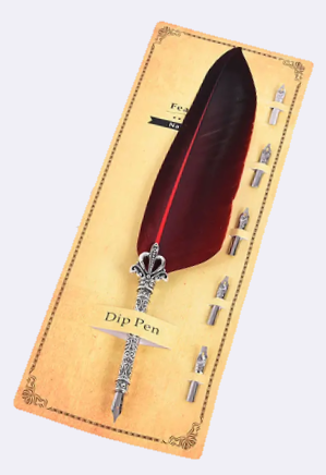 Feather Quill Pen 7 piece set- Choose from Red Yellow Green Blue Black