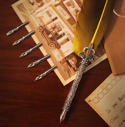 Feather Quill Pen 7 piece set- Choose from Red Yellow Green Blue Black