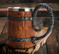 Rustic Medieval Drinking Stein - twisted wrought iron and oak barrel planks hide insulated walls!
