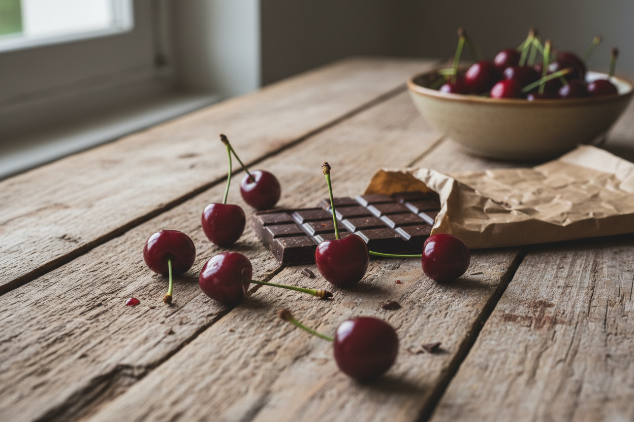 loose cherries and chocolate bar on a rustic table