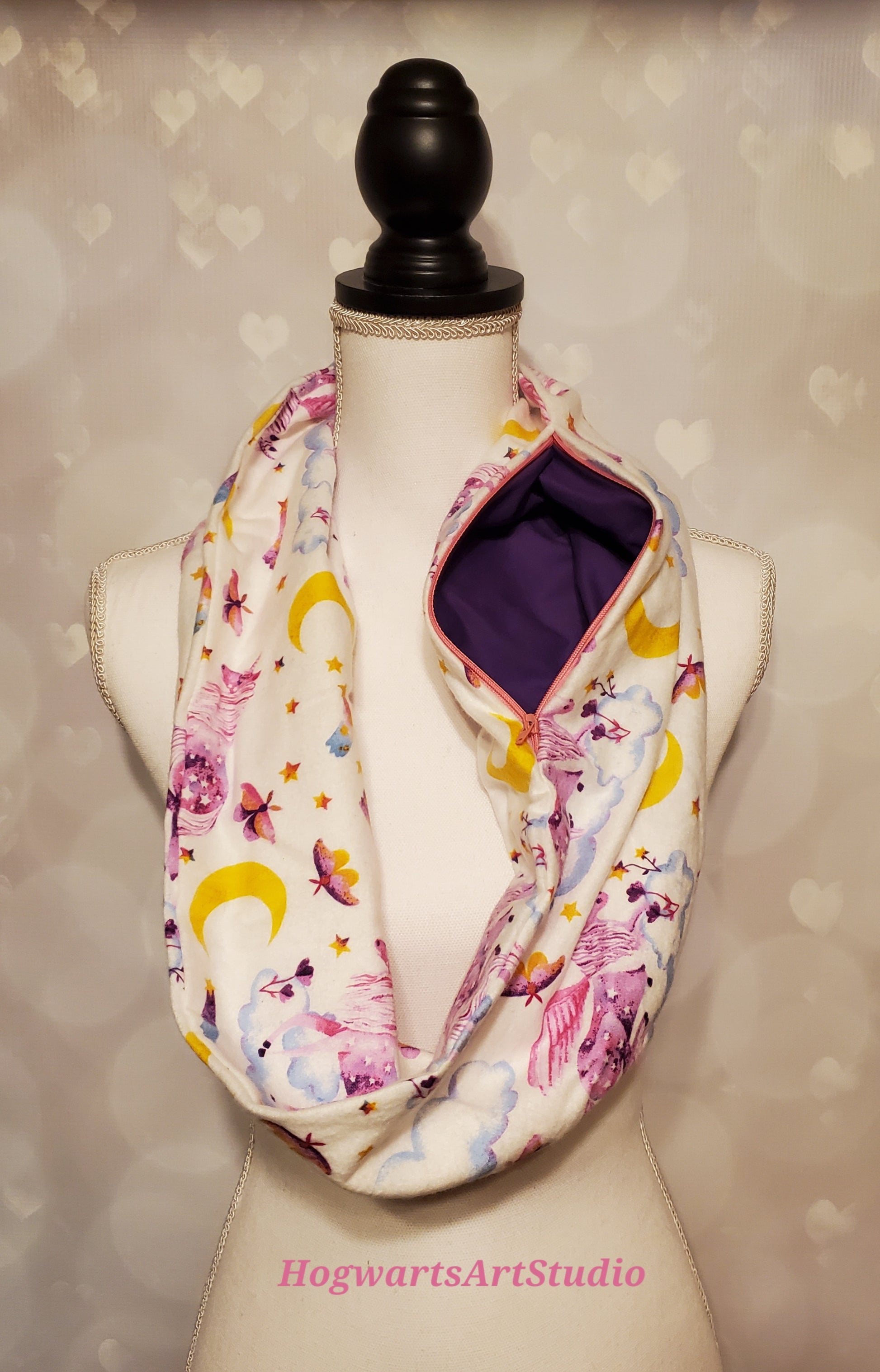 white purple and pink unicorn scarf with hidden zipper pocket