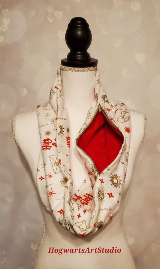 white red and gold HP scarf with hidden zipper pocket