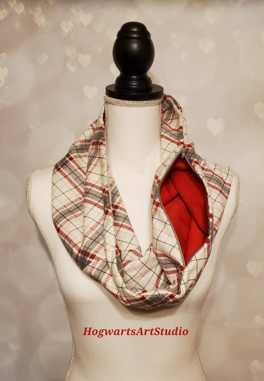 white red and gray plaid scarf with hidden zipper pocket