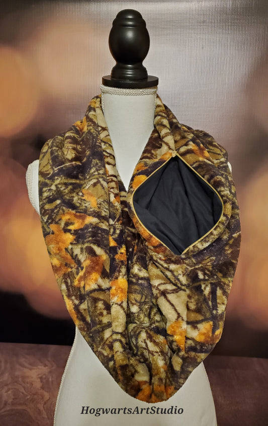plush camo print scarf with hidden zipper pocket