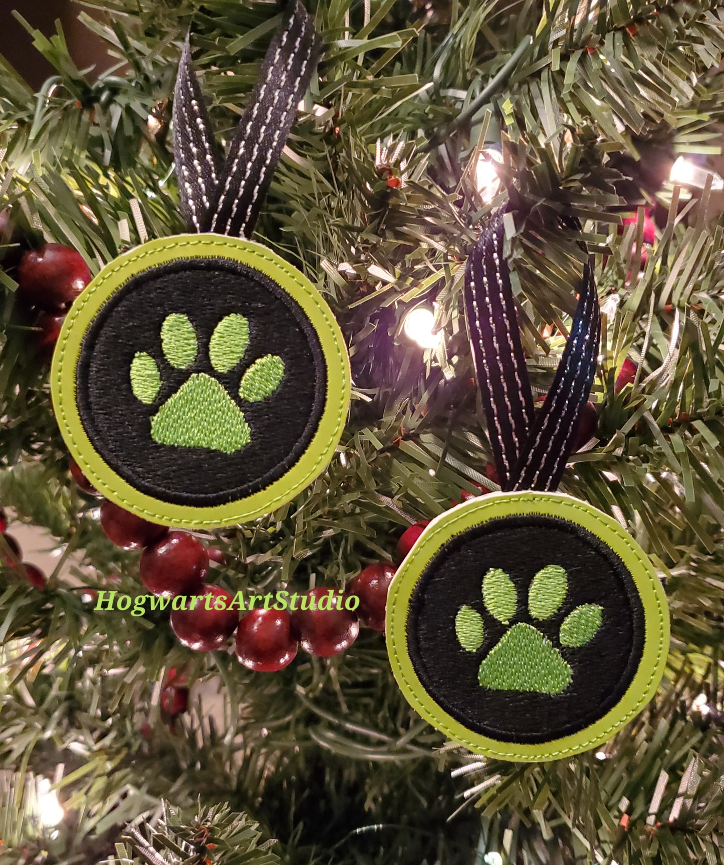 cat paw print ornaments on a tree