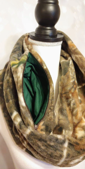 fleece camo scarf with hidden zipper pocket