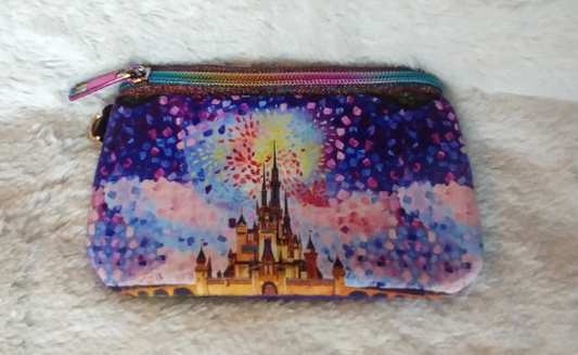 Watercolor Style Castle Zipper Bag- Metallic Rainbow Zipper, Fully Lined