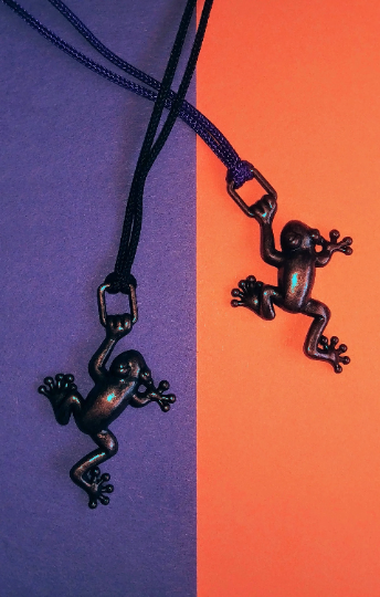 Brown Hopping Frog Necklace - Ready to hop into your cart! Black or Purple cording