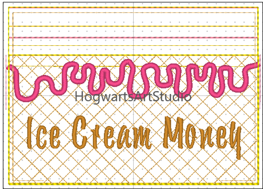 5x7" Ice Cream Waffle Cone Zipper Pouch Embroidery Design File - Fully Lined, With & Without Text Included