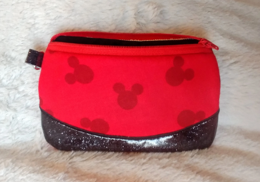 Red Mouse Zipper Bag - fully lined, black glitter vinyl appliqued accent