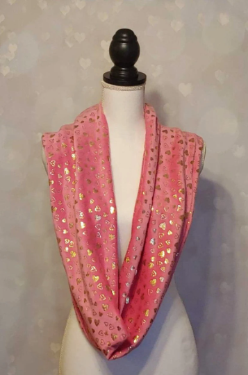 Pink Scarf with Hidden Zipper Pocket - Gorgeous Gold Foil Hearts